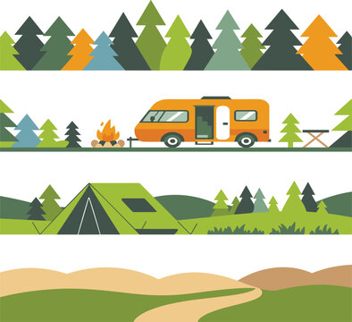 Flat Camping Landscape and Forest Banner Set with Motorhome Caravan Tent Bonfire and Nature Field Symbols for Summer Outdoor Travel Graphic Designs