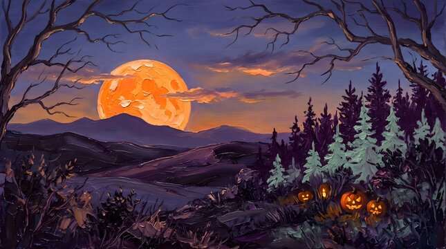 Eerie Halloween Landscape with Glowing Jack O Lanterns Under a Giant Full Moon in Oil Painting