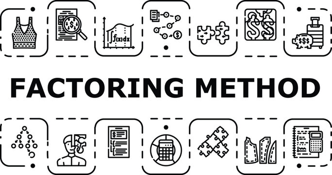 Factoring method banner infographic. Decomposition zero, multiplication expansion, factor algebra icon vector illustration