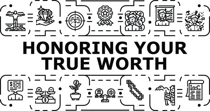 Honoring your true worth banner infographic. Clarity esteem, gratitude resilience, value balance icon vector illustration