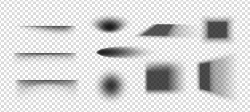 Shadow drop effect for vector mockup design with soft circle and rectangle shapes. Realistic box overlay template with gradient blur graphics on floor with transparent round black shade elements.