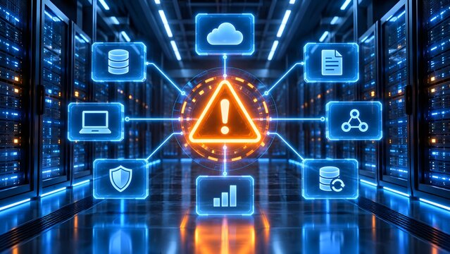 Glowing red warning triangle surrounded by network icon connections inside modern server room data center representing cybersecurity threat