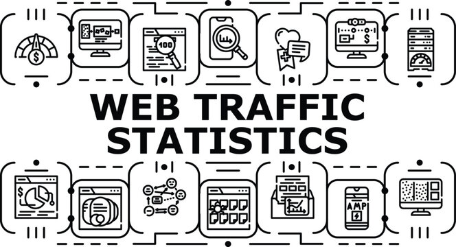 Web traffic statistics banner infographic. Impressions trends, engagement bounce, pageviews sources icon vector illustration