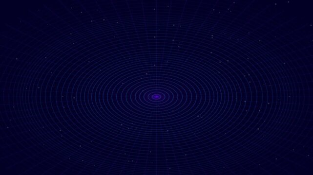 Abstract digital tunnel with glowing concentric circles and floating particles moving through dark blue space background creating a futuristic motion graphic effect for technology and science video pr
