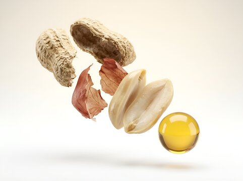 Peanut shelled into separate components showing pods, thin papery skin, kernel halves, and golden oil droplet floating above a surface.