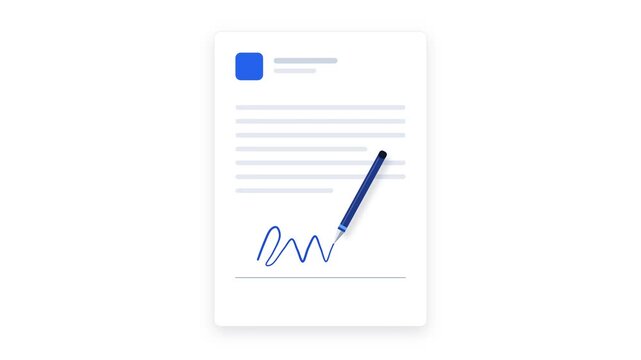 Animated digital document with blue pen writing signature