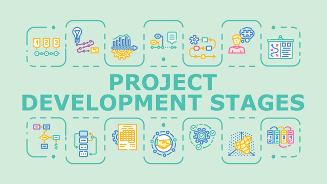 Project development stages banner infographic. Maintenance design, review risk, implementation scope icon vector illustration