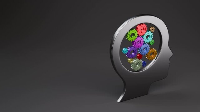 Human head silhouette with colorful gears turning inside representing artificial intelligence. 3d rendering