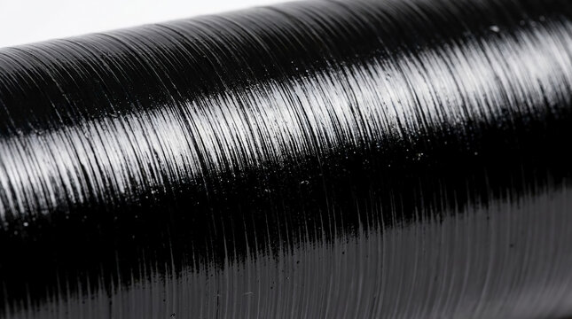 Macro view of glossy black ink roller surface. Wet viscous texture with parallel ridges and light reflections. Industrial printing equipment background