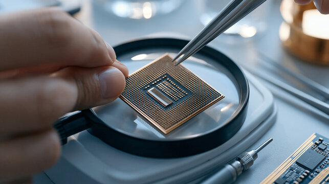Quantum computer processor chip displayed on a clean laboratory workbench, tiny silicon die with microscopic circuit patterns and metallic contact pads under magnification,