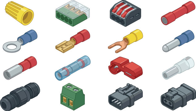 Various electrical connectors and wire terminals isolated on a white background vector illustration