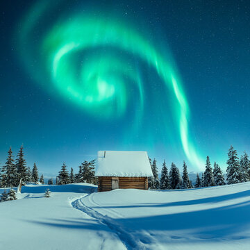 A wooden cabin stands in a snowy forest beneath a swirling green aurora borealis. Curving tracks cross the blue snow under a star-filled sky