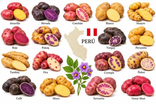 Infographic of Peruvian potato varieties with labeled colorful potatoes, botanical leaves and flowers, and a map and flag of Peru.