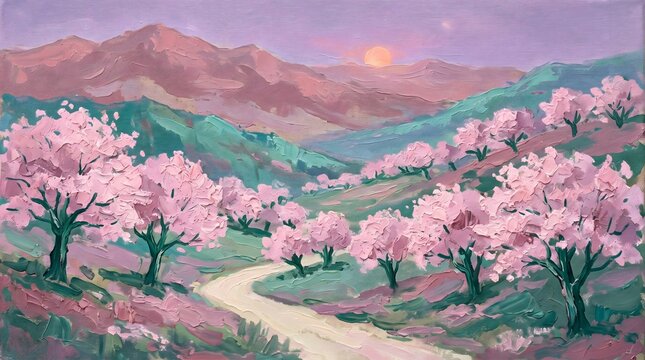 Impressionist Oil Painting of a Serene Spring Orchard with Blooming Cherry Blossom Trees