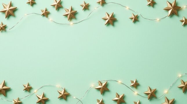 Gold star string lights on green background