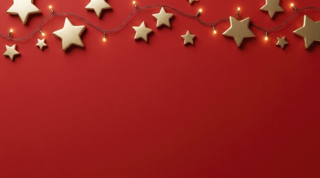 Golden stars string lights on red background