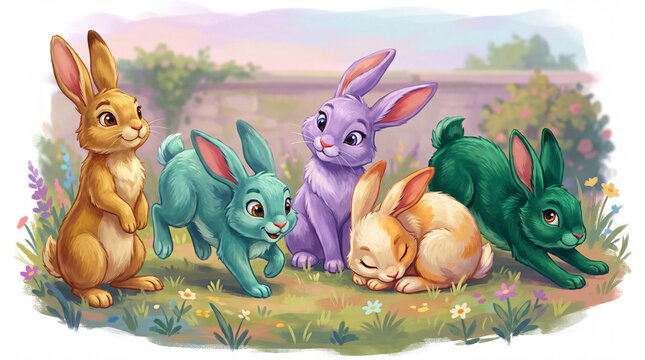A delightful illustration of playful rabbits in various colors, embodying joy and liveliness in a beautiful outdoor setting, perfect for children's art or nature themes.