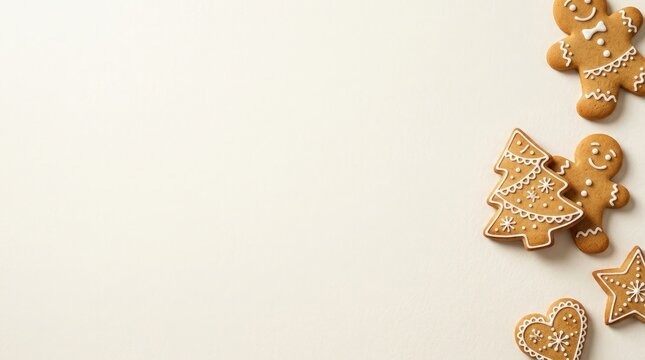 Delicious decorated gingerbread cookies on light background