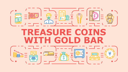 Treasure coins with gold bar banner infographic. Riches wealth, loot pirate, bullion currency icon vector illustration © sevector