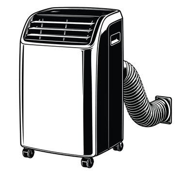 Portable air conditioner vector illustration, mobile AC unit with exhaust hose, monochrome home cooling appliance icon