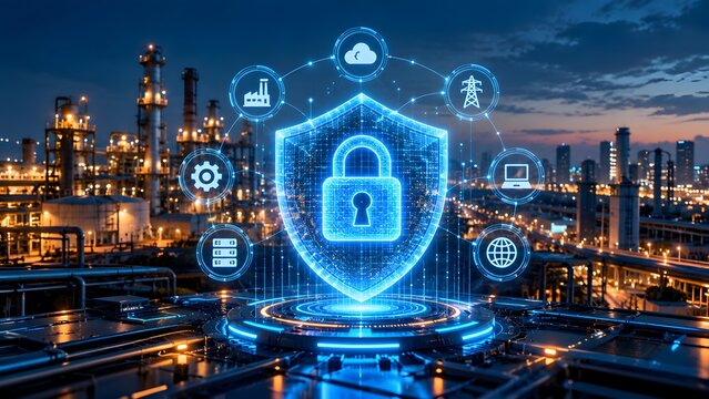 Futuristic cybersecurity shield protecting an industrial plant representing operational technology and smart factory network defense
