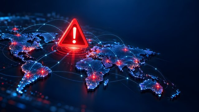 Glowing red warning triangle over a digital world map representing global cyber attack network threat or critical system alert