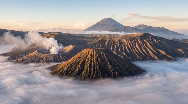 Volcanic mountain range towers above sea of clouds during sunrise in Bromo Tengger Semeru park Java.