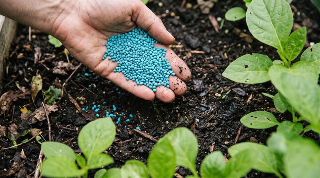 Hand sprinkling blue fertilizer granules onto dark soil. Green seedlings growing in organic garden bed, agricultural feeding concept.