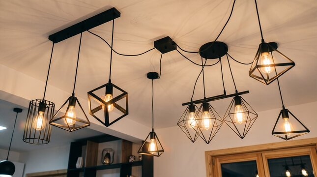 Modern black geometric pendant lights hanging from white ceiling casting warm glowing illumination across contemporary living room interior space during cozy evening hours