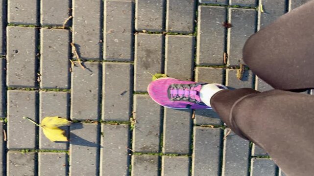 POV top-down view of a woman's feet in pink sneakers walking on a brick path and asphalt in an autumn park