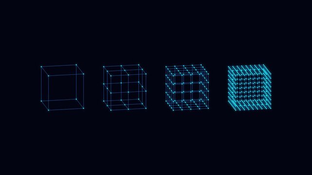 Geometric cube transformation animation with pixelated progression on black background
