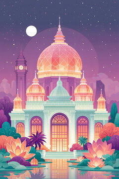 An enchanting vector illustration of an illuminated grand palace with glowing glass domes, surrounded by blooming water lilies and tropical foliage under a starry full moon sky
