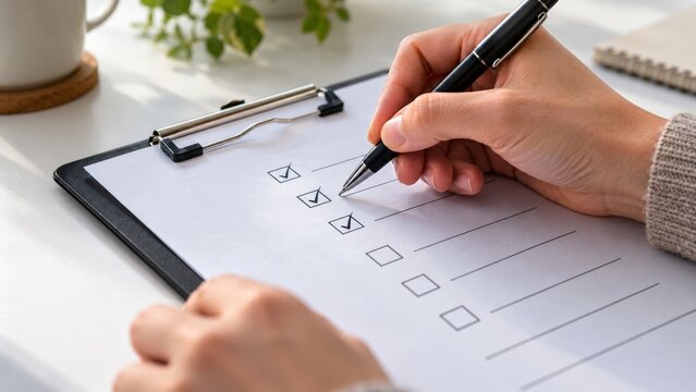 Hand checking questionnaire boxes with a black pen on a white table