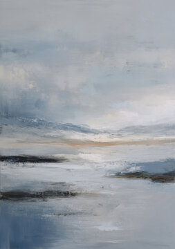 Abstract impressionist landscape with blue and gold horizontal brush strokes