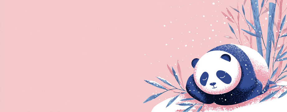 Christmas Day Panda Bamboo Winter Cute Panda Sleeping in Snow Near Bamboo Stalks With Copy Space on Soft Pink Background