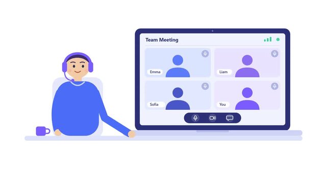 A minimalist flat vector illustration showing a remote worker with a headset participating in a digital video conference on a white background. Ideal for remote collaboration and business blogs.