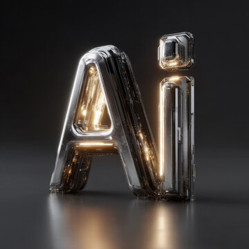 Futuristic AI Logo in Chrome Metal - Artificial Intelligence Concept. A 3D render of the letters "AI" as a logo, depicted in highly detailed, futuristic chrome and metallic textures.