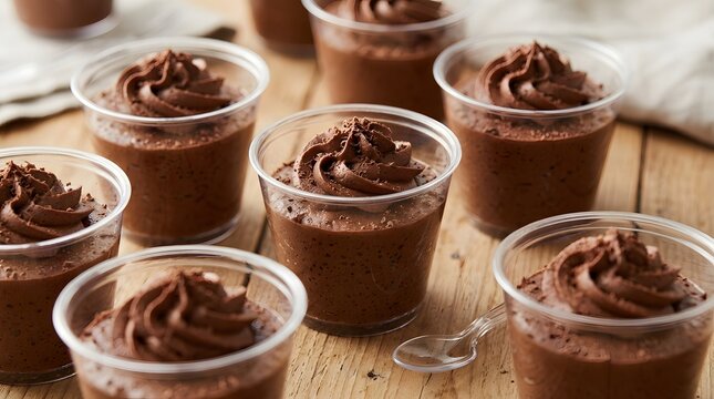 Chocolate mousse cups on wooden table