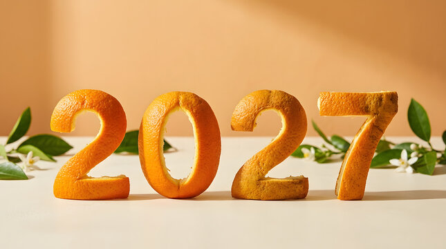 Creative number two thousand twenty seven shaped from fresh orange peel against beige background