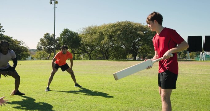 Diverse team training cricket at park, batsman bouncing red ball, swinging bat as fielders diving