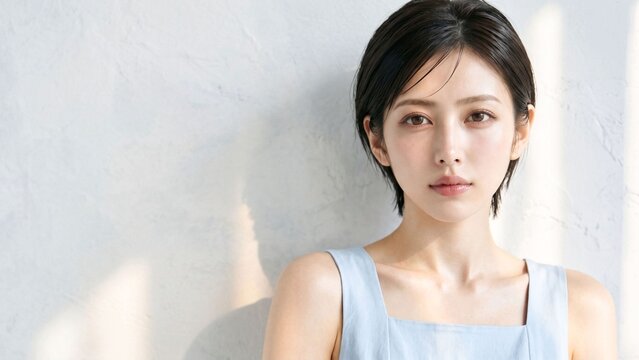 透明感のある艶肌と黒髪ショートヘアが美しい日本人女性の美容ポートレート