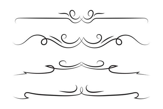 Vintage calligraphic text dividers set, elegant black ornamental flourish swirl borders and curl lines for wedding invitation header