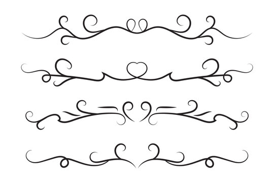Black heart flourish dividers set, elegant calligraphic swirl text borders with love ornaments for wedding invitation decoration