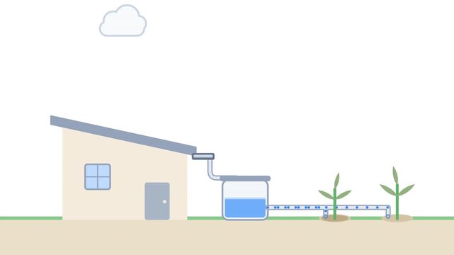 Infographic sequence showing a residential rainwater harvesting system collecting water to irrigate plants on a clean white background. Perfect for sustainability educational content.