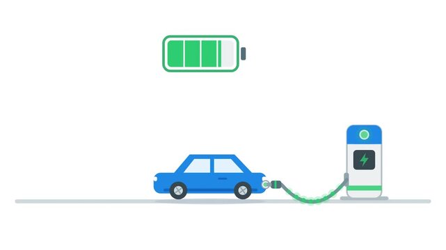 Flat vector illustration showing the stages of an electric vehicle charging at a station with battery level indicators on a white background. Ideal for green energy and eco infographics.