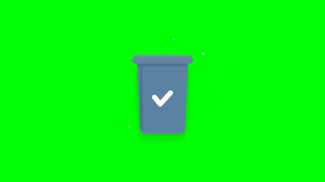Looping 4K motion graphic animation of a blue recycle bin featuring a 45-degree hinged lid, falling trash items strictly contained within the bin, scaled-up recycling and checklist icons, rendered on