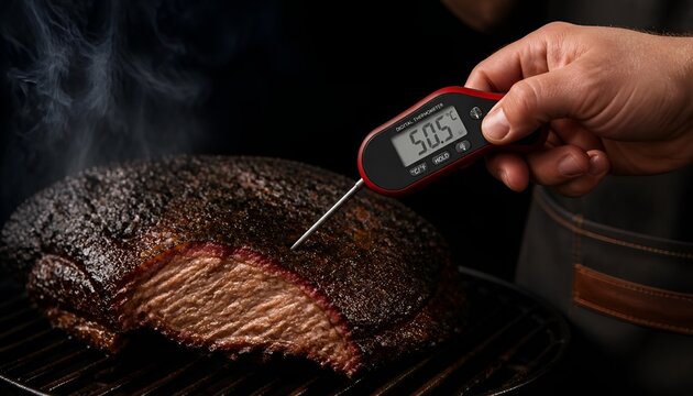 Cook Checking Smoked Meat Temperature with Digital Thermometer Reading 50.5&deg;C, Demonstrating Barbecue Preparation, Grilling Techniques and Food Safety on Dark Background