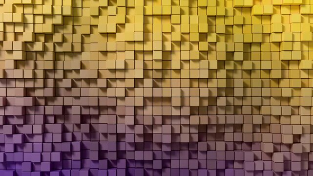 A modern abstract 3D render of square cubes creating a textured wall with a vibrant yellow to purple gradient.