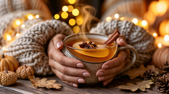 Hands in a soft knitted sweater holding a ceramic mug of hot apple cider with cinnamon sticks and anise star. Thanksgiving decor and autumn hot drink concept. Close-up still life shot for holiday post