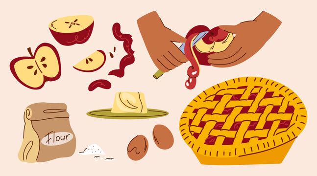 Autumn Apple Baking Illustration Collection with Fresh Apples, Apple Slices, Hands Preparing Fruit, Flour and Homemade Apple Pie for Recipe Books, Bakery Branding, Food Packaging and Seasonal Design